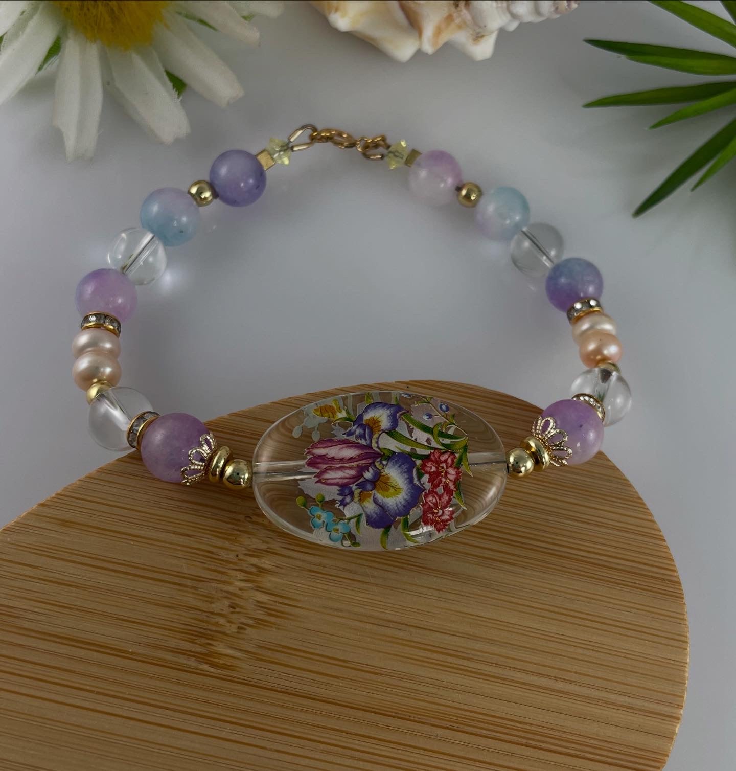 Japanese Tensha Flower Bead & Lavender Jade, Quartz, Pearls 18k Gold Filled Beaded Bracelet